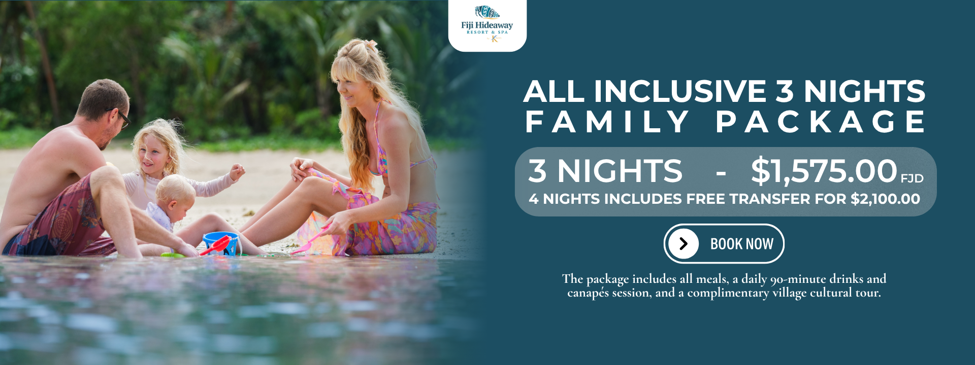 Experience the heart of the Coral Coast with our Frangipane Family Package. Enjoy all-inclusive meals, daily sunset drinks, and authentic cultural tours for 2 adults and 2 children. Book 4 nights or more to unlock free return airport transfers.